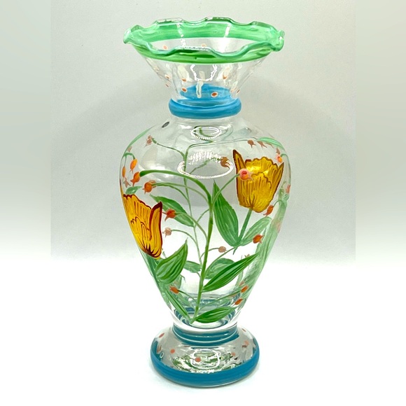VTG Tracy Porter Hand Painted Glass Flower Vase Ruffled Rim Yellow Tulip 6.5 in - Picture 3 of 10